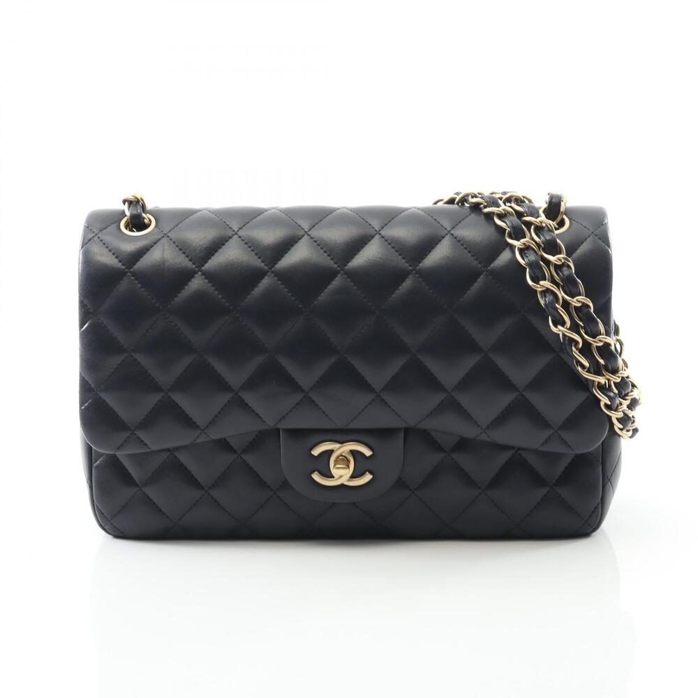 Chanel Matelasse Double Flap Shoulder Bag Lambskin Sheepskin Leather Navy Blue